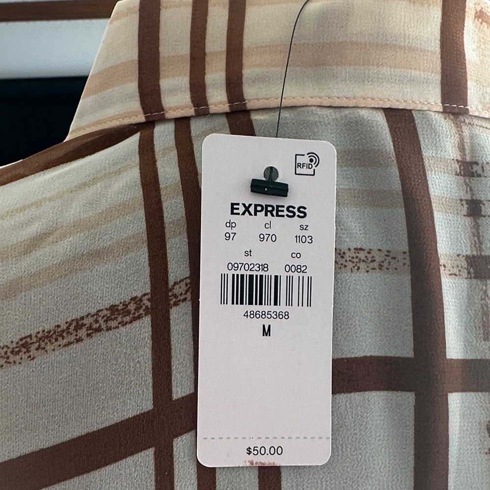 Express Cream and Brown Plaid Button-Down Shirt - Picture 2 of 3